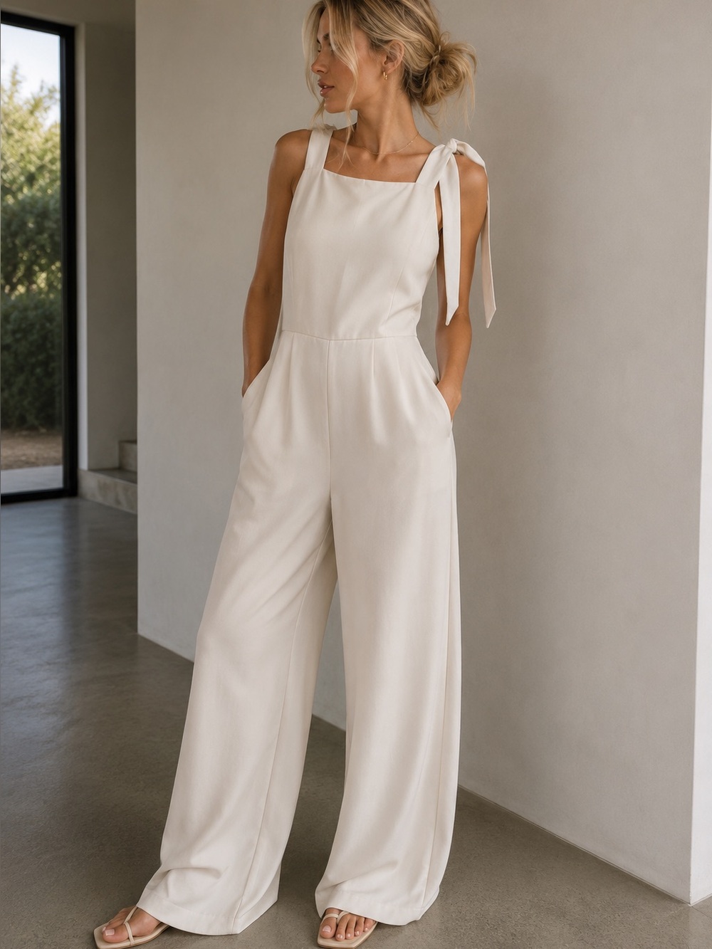 Gracia Tie Shoulder Wide Leg Jumpsuit White S NWT